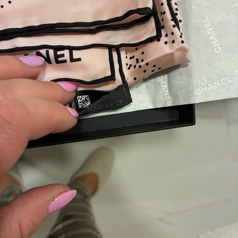 CHANEL Pink and Black Dot Floral Silk Scarf - Picture 10 of 10